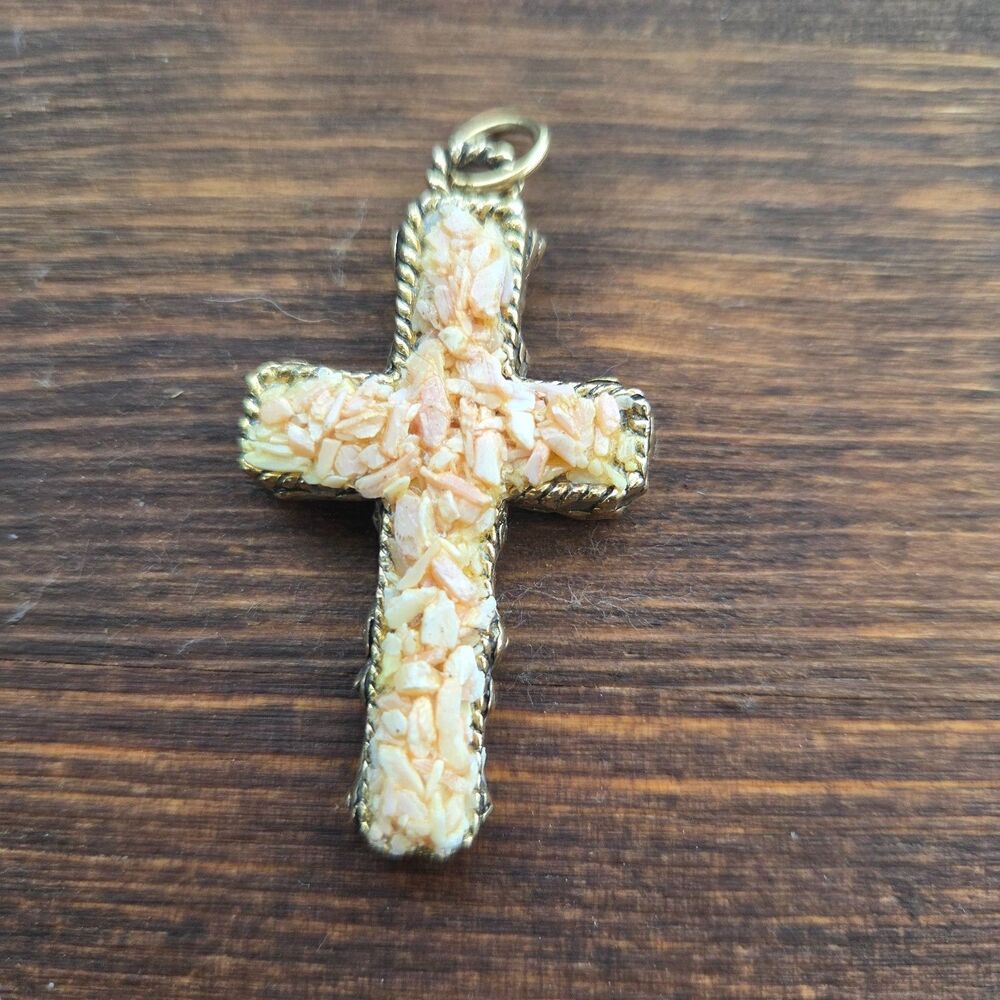 Gold Tone Crushed Shell Cross Pendant 1.75" Mosaic Christian Boho Jewelry